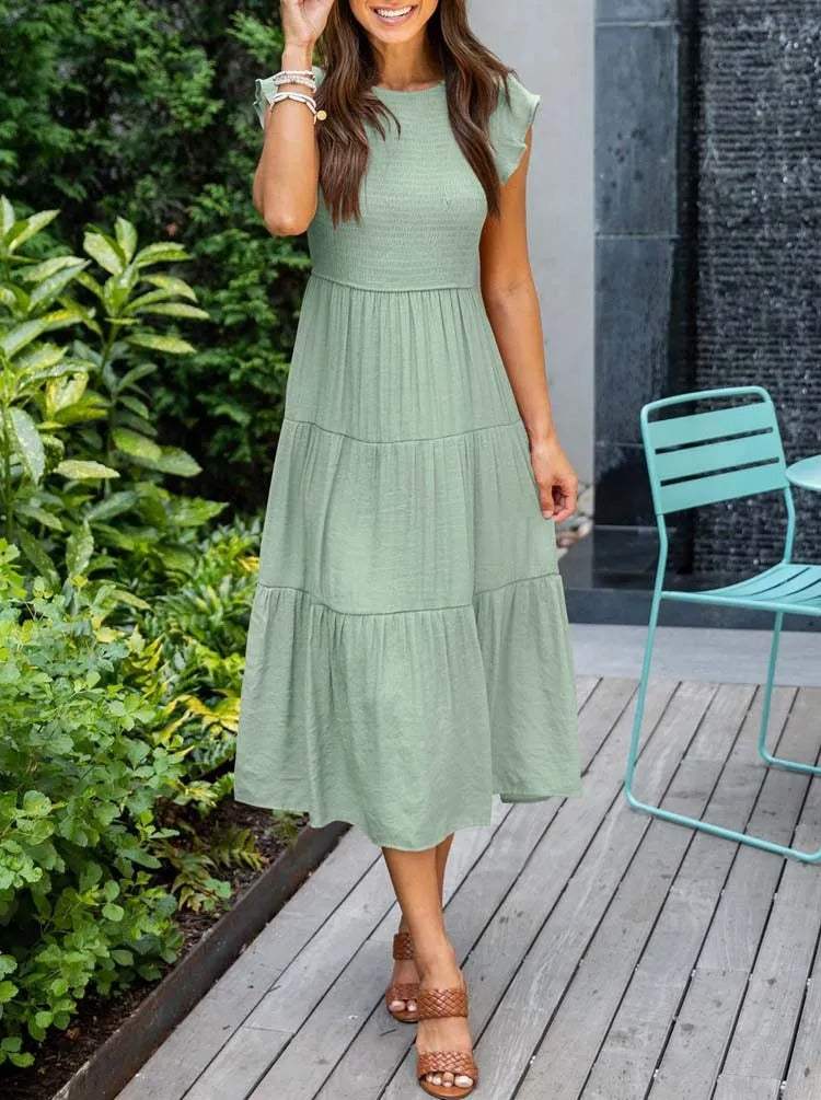 Robe Midi Femme - Corsage Smocké - Manches Courtes Volantées - Tissu Léger et Fluide
