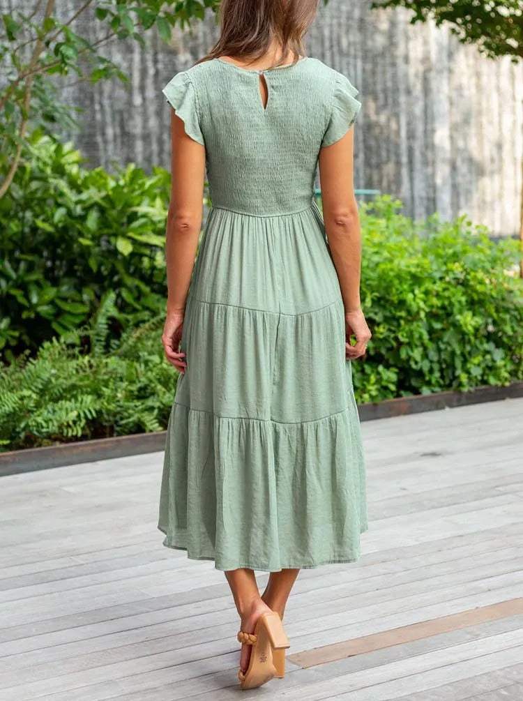 Robe Midi Femme - Corsage Smocké - Manches Courtes Volantées - Tissu Léger et Fluide