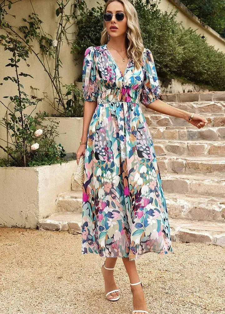 Robe Midi Femme - Imprimé Abstrait - Manches Courtes Bouffantes - Coupe Évasée - Col V