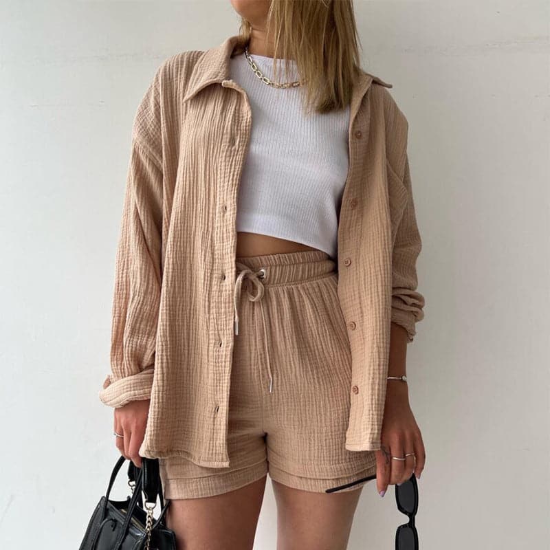 Ensemble Deux Pièces Femme - Chemise Manches Courtes - Short Taille Élastique - Tissu Léger et Confortable
