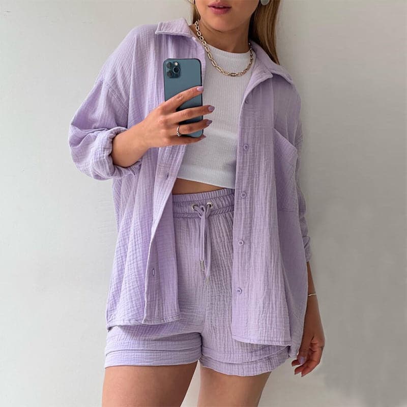 Ensemble Deux Pièces Femme - Chemise Manches Courtes - Short Taille Élastique - Tissu Léger et Confortable