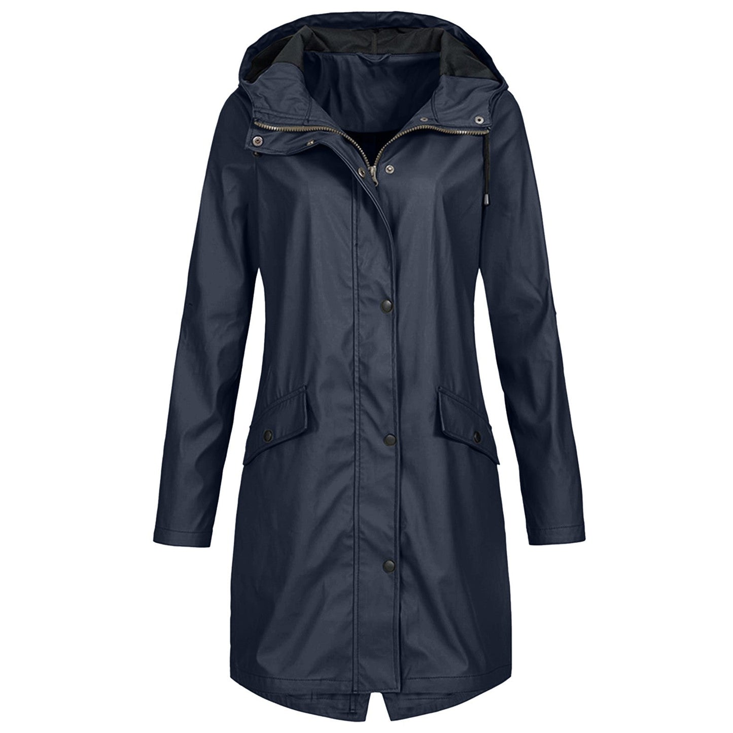 Veste imperméable femme – Coupe longue – Capuche ajustable – Fermeture zippée et boutons