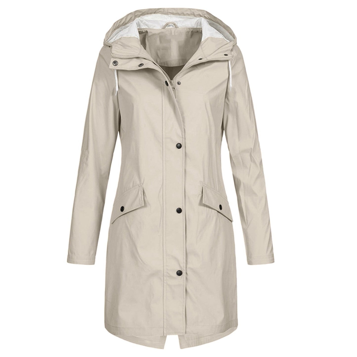 Veste imperméable femme – Coupe longue – Capuche ajustable – Fermeture zippée et boutons