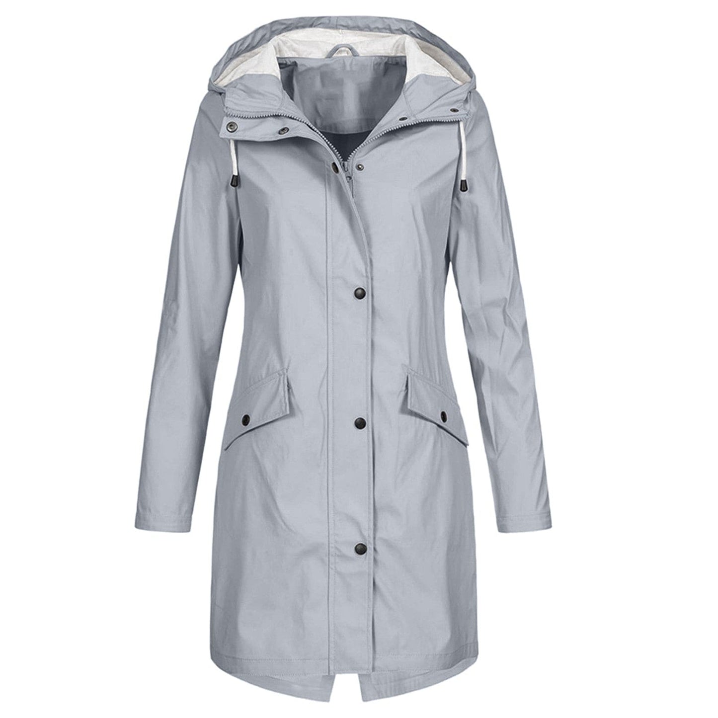 Veste imperméable femme – Coupe longue – Capuche ajustable – Fermeture zippée et boutons