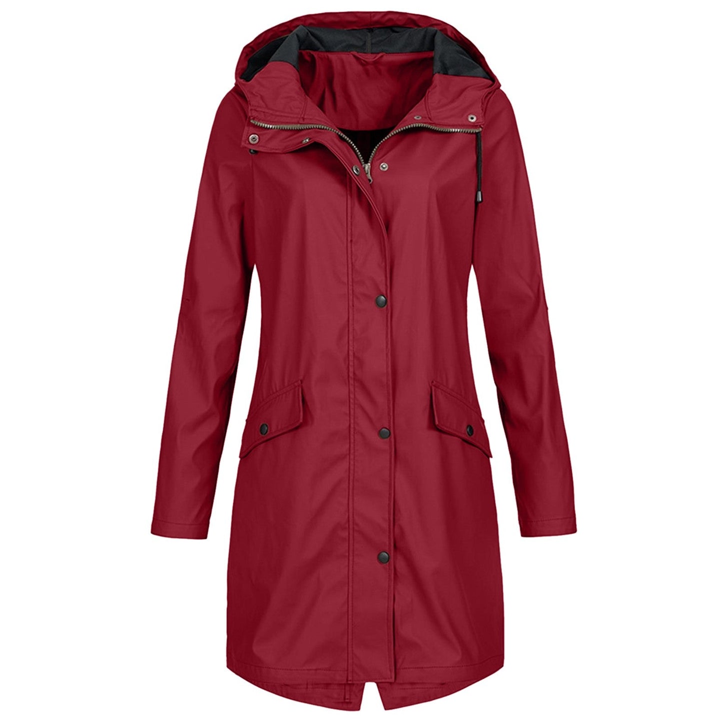 Veste imperméable femme – Coupe longue – Capuche ajustable – Fermeture zippée et boutons