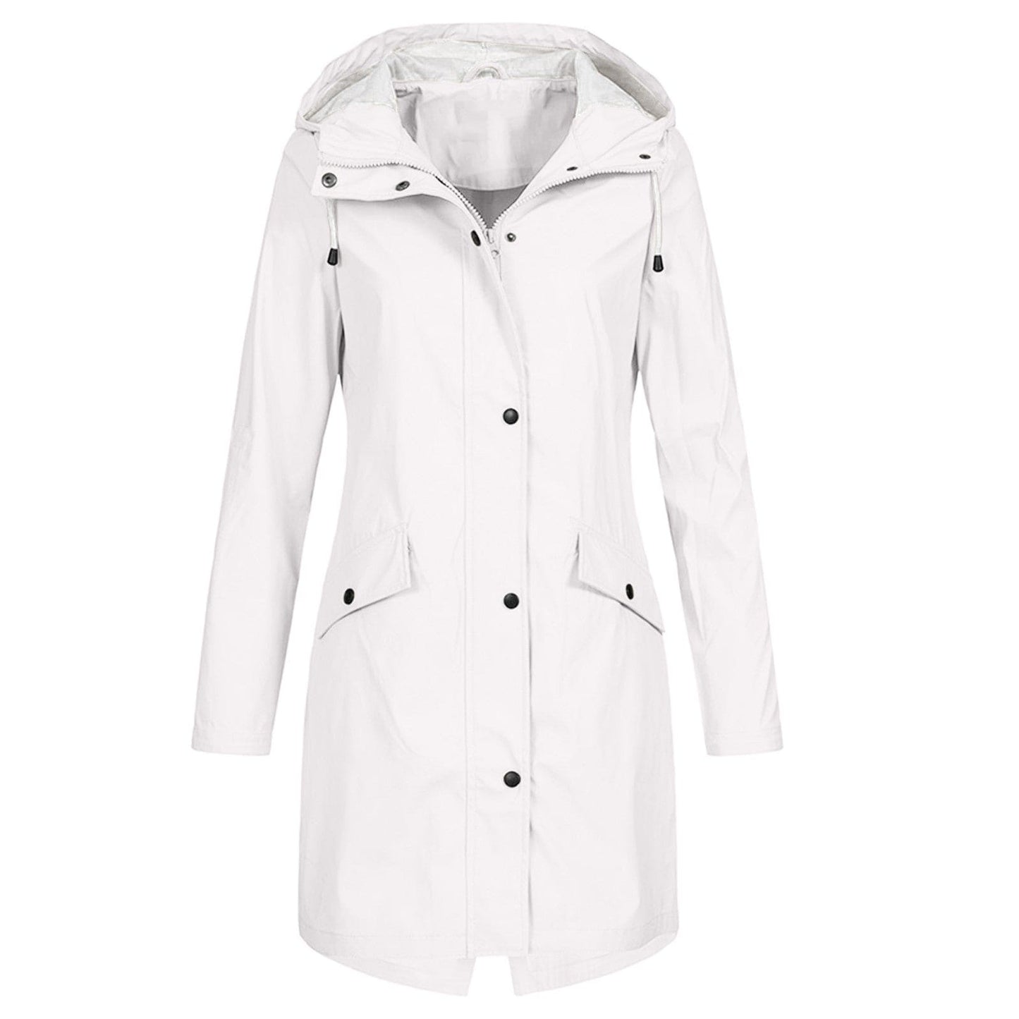 Veste imperméable femme – Coupe longue – Capuche ajustable – Fermeture zippée et boutons