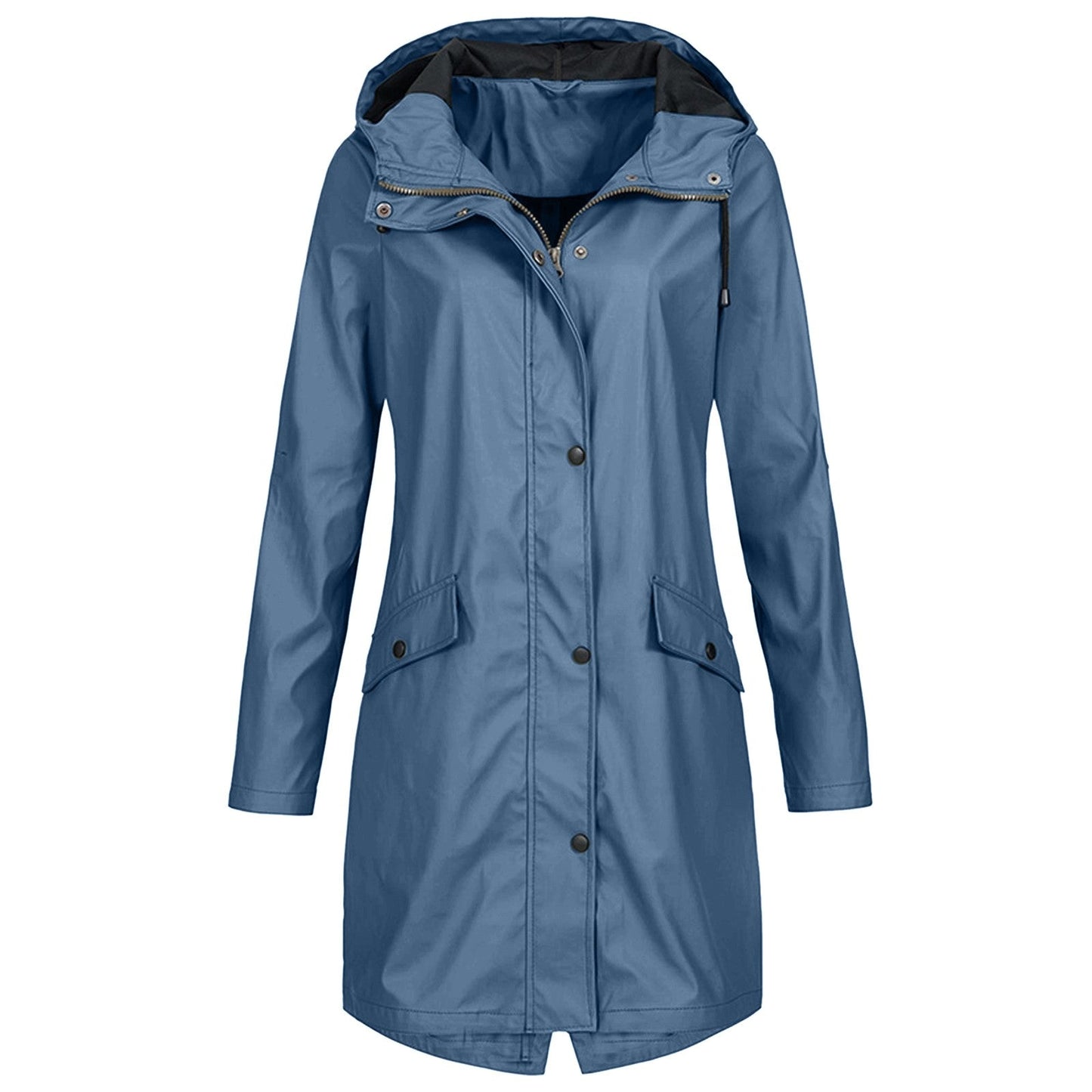 Veste imperméable femme – Coupe longue – Capuche ajustable – Fermeture zippée et boutons