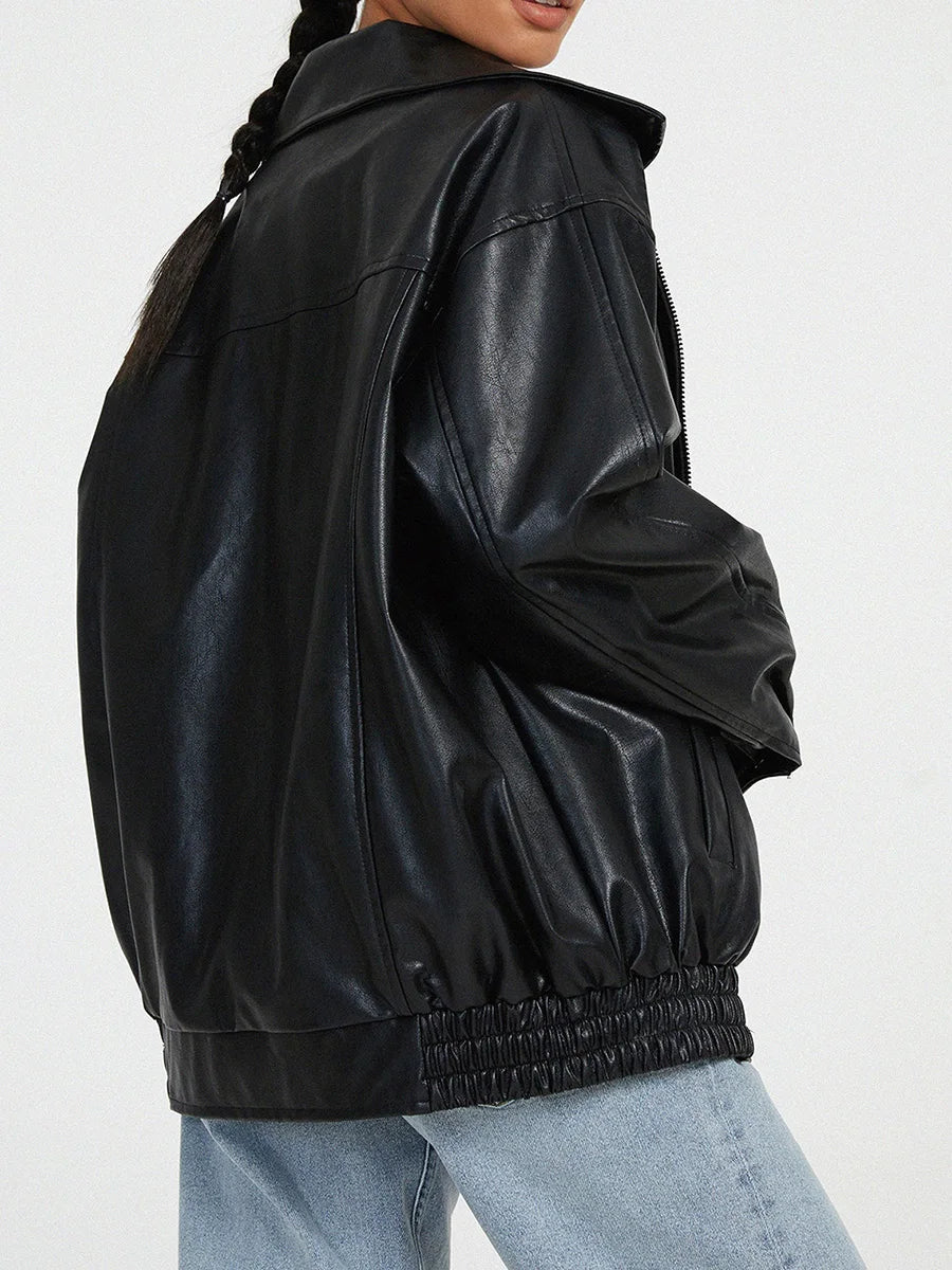 Blouson bomber femme – Coupe oversize – Aspect cuir lisse – Fermeture zippée