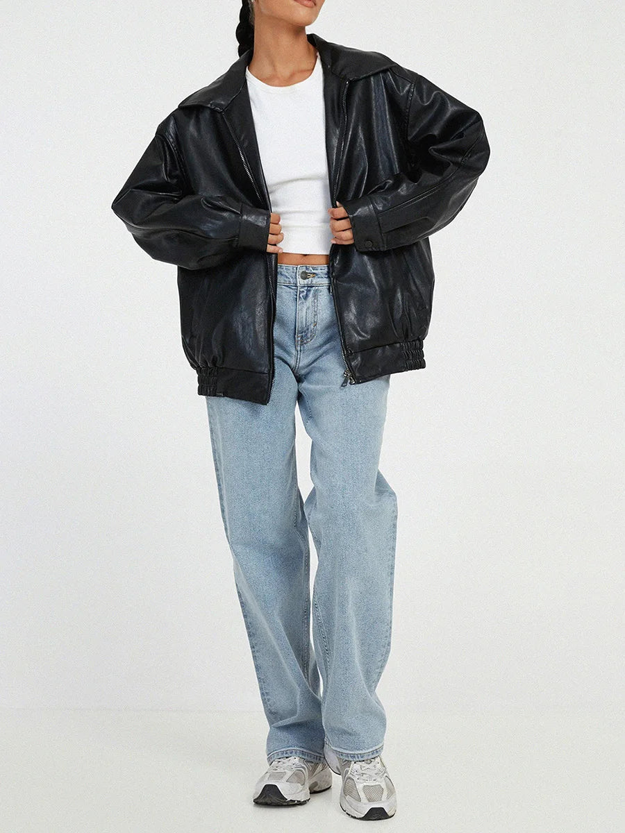 Blouson bomber femme – Coupe oversize – Aspect cuir lisse – Fermeture zippée
