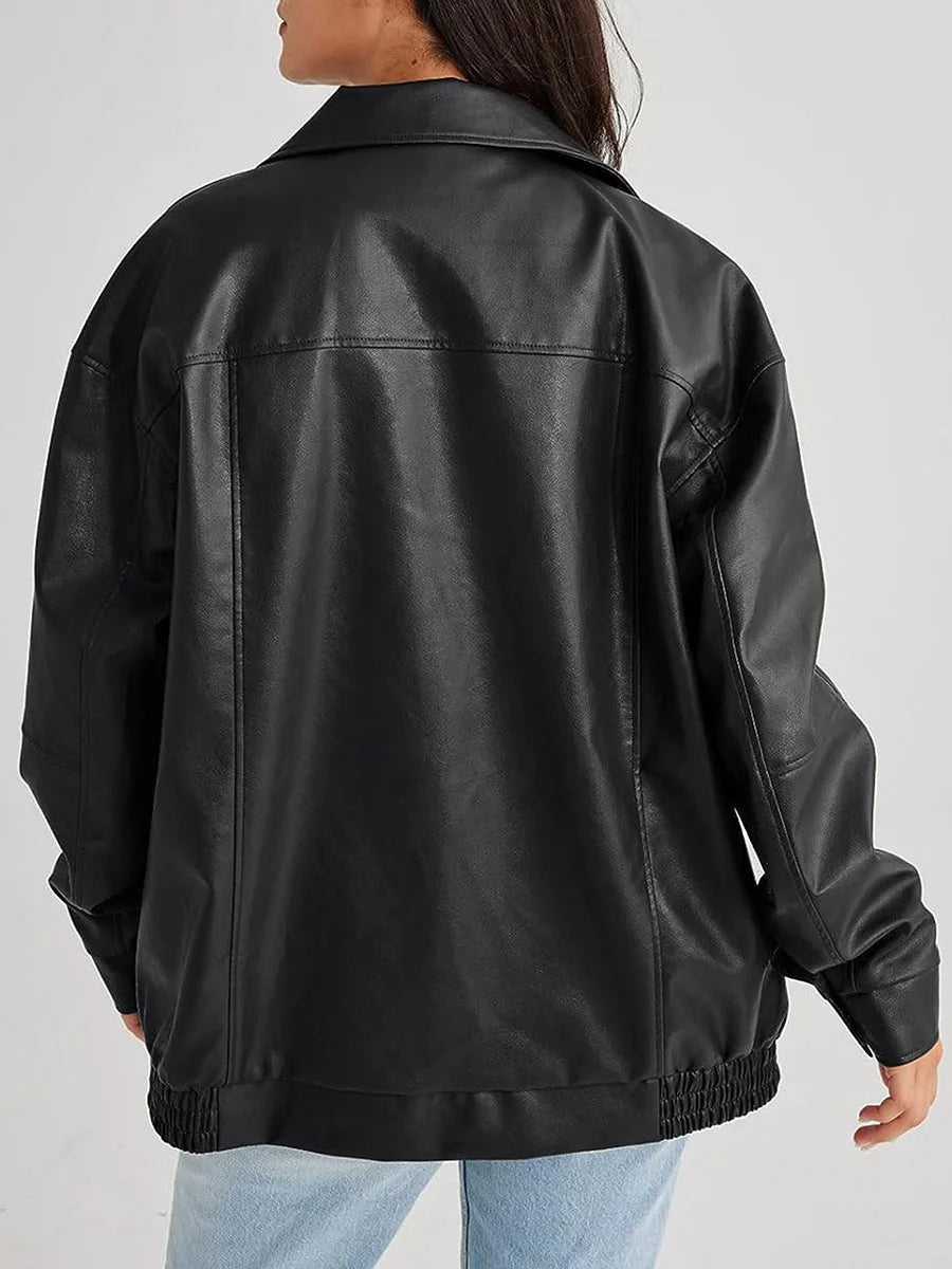 Blouson bomber femme – Coupe oversize – Aspect cuir lisse – Fermeture zippée