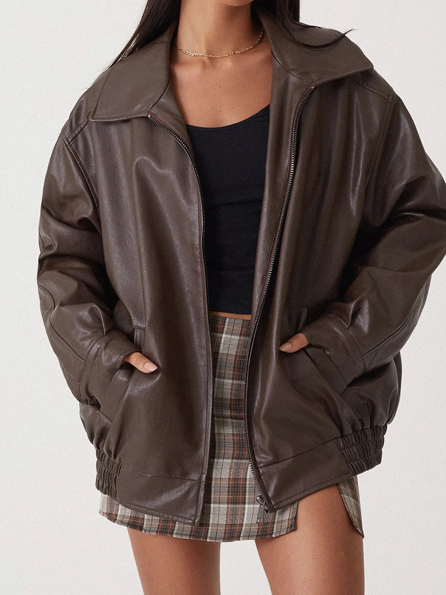 Blouson bomber femme – Coupe oversize – Aspect cuir lisse – Fermeture zippée