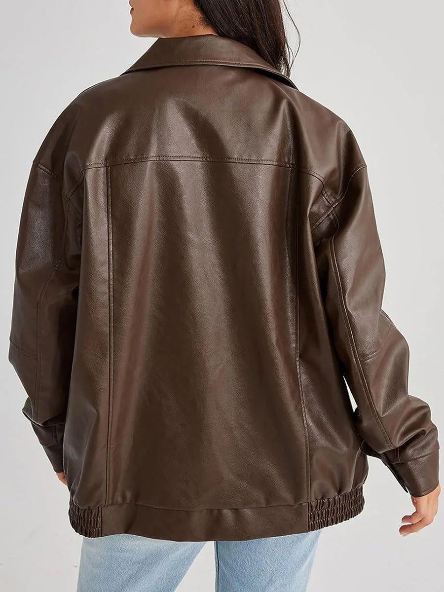 Blouson bomber femme – Coupe oversize – Aspect cuir lisse – Fermeture zippée