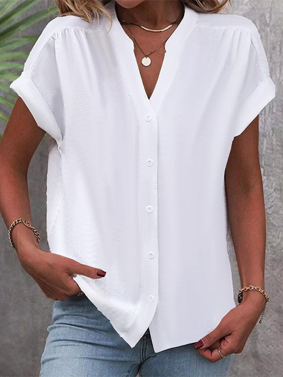 Blouse Femme - Manches Courtes Revers - Col V - Boutonnée - Coupe Décontractée Respirante