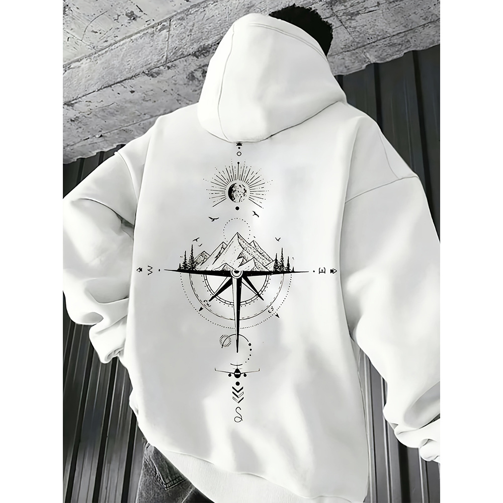 Sweat à capuche homme – Coupe régulière – Coton doux – Imprimé boussole – Poche kangourou