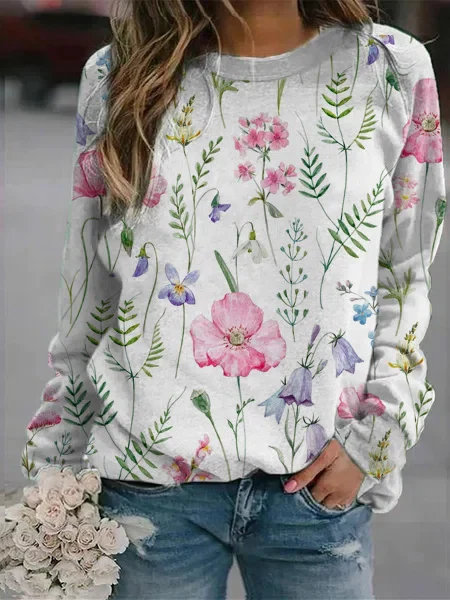 Pull femme – Maille légère – Coupe décontractée – Imprimé fleuri – Col rond – Manches longues
