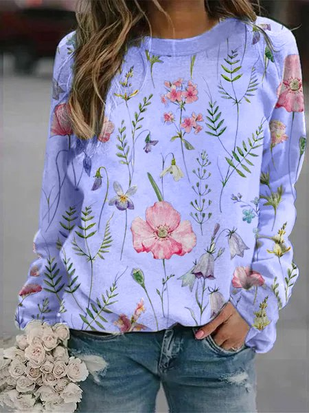 Pull femme – Maille légère – Coupe décontractée – Imprimé fleuri – Col rond – Manches longues