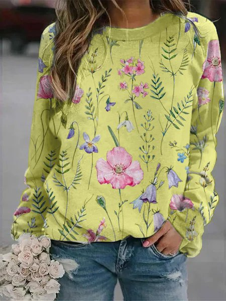 Pull femme – Maille légère – Coupe décontractée – Imprimé fleuri – Col rond – Manches longues