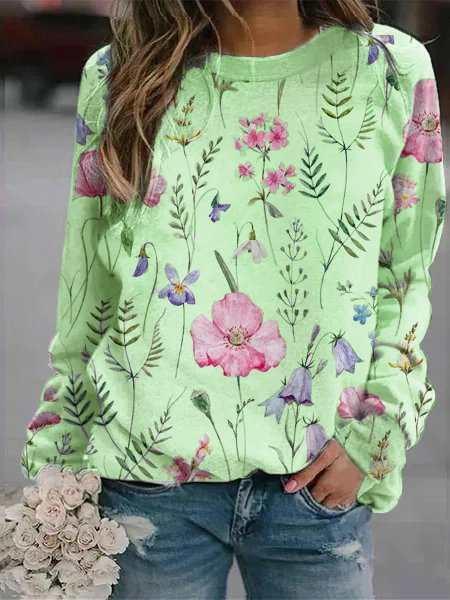 Pull femme – Maille légère – Coupe décontractée – Imprimé fleuri – Col rond – Manches longues