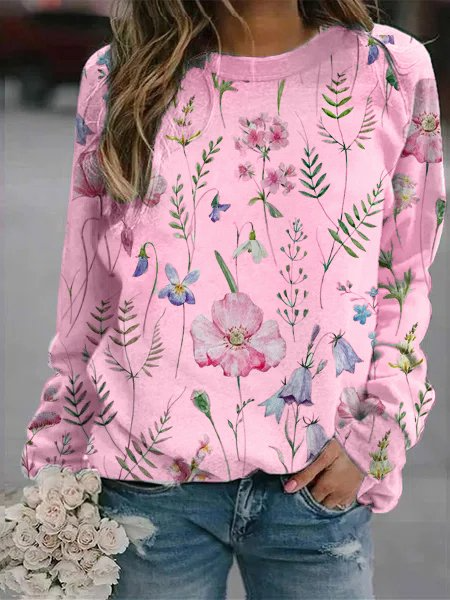Pull femme – Maille légère – Coupe décontractée – Imprimé fleuri – Col rond – Manches longues