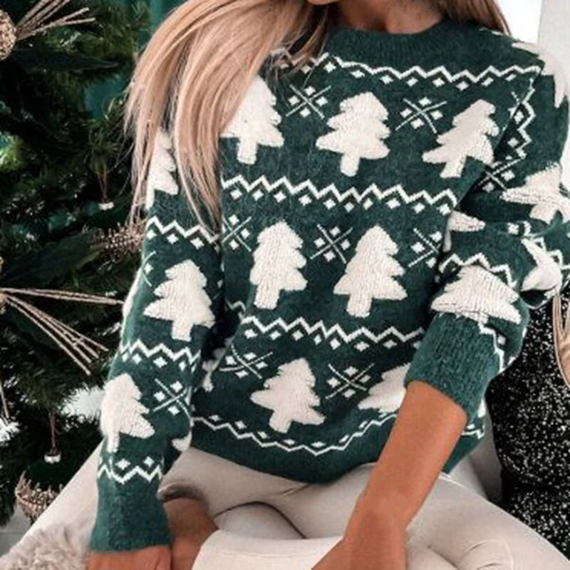 Pull pour femme – Coupe décontractée – Maille laine – Motifs festifs – Finitions côtelées
