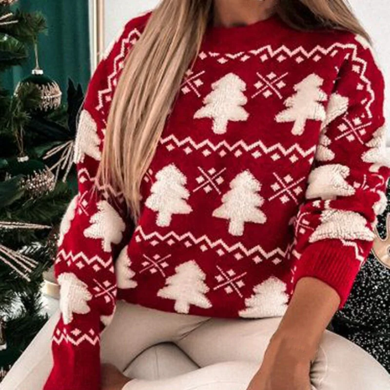 Pull pour femme – Coupe décontractée – Maille laine – Motifs festifs – Finitions côtelées