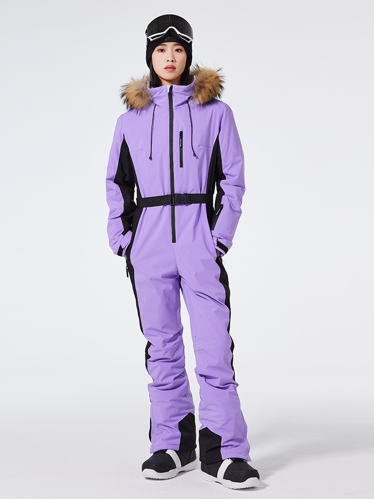 Combinaison de ski femme – Coupe slim – Imperméable et coupe-vent – Capuche fausse fourrure