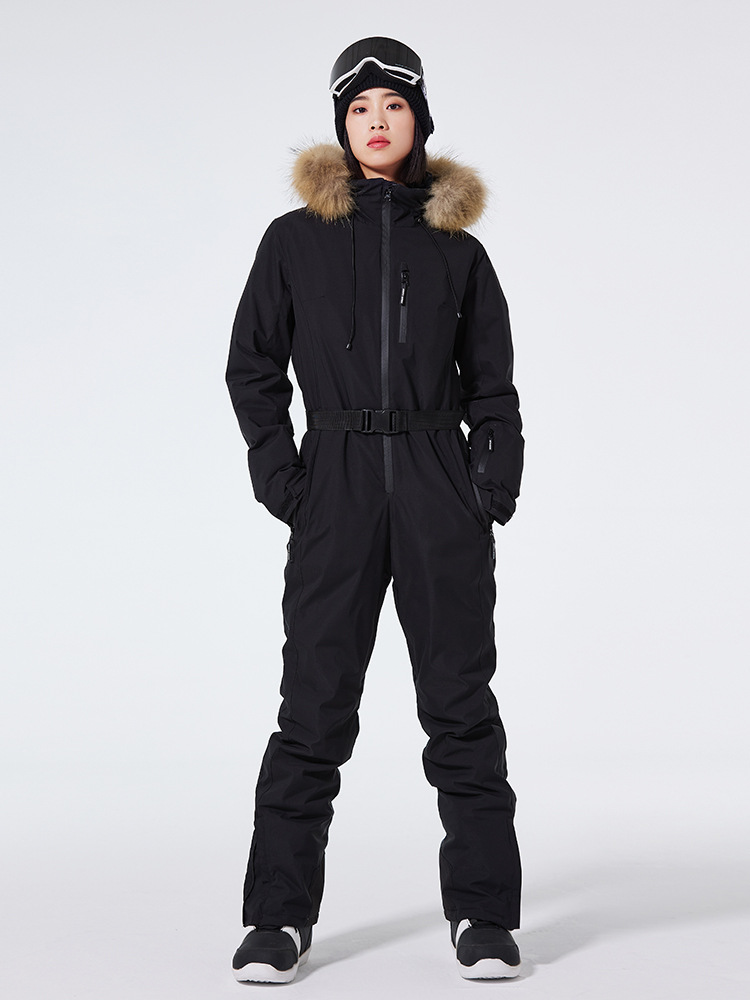 Combinaison de ski femme – Coupe slim – Imperméable et coupe-vent – Capuche fausse fourrure