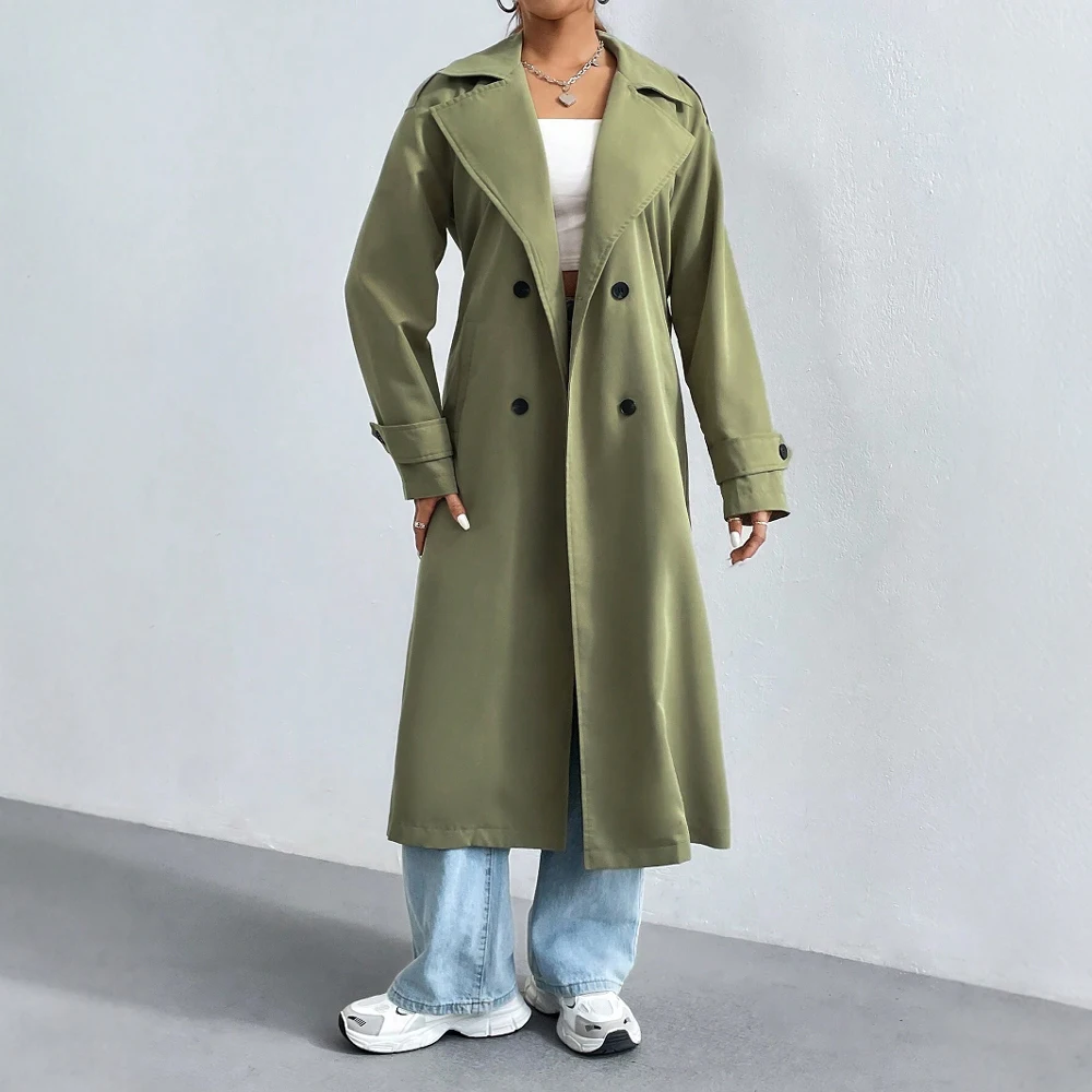 Manteau trench femme – Coupe droite – Longue – Double boutonnage – Col à revers