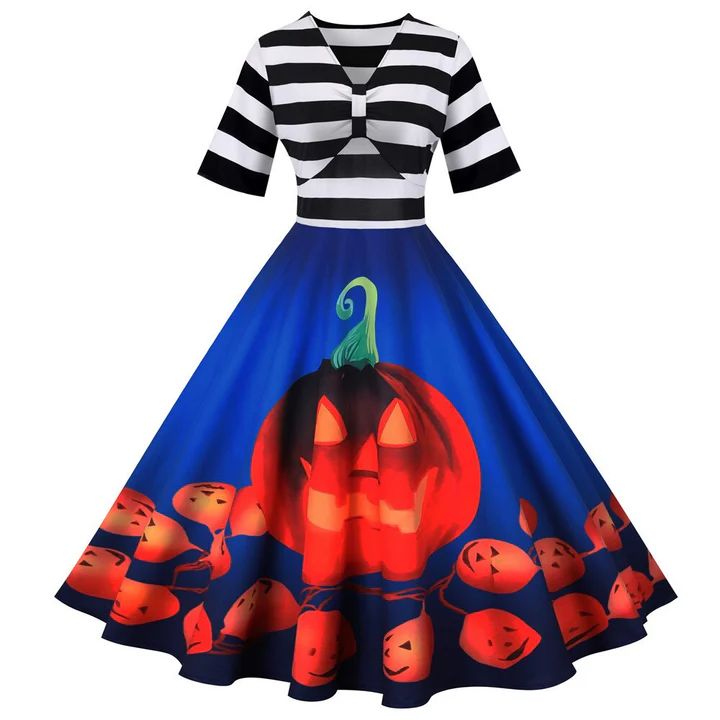 Robe midi femme – Coupe évasée fluide – Décolleté ajouré – Haut à rayures – Jupe imprimée