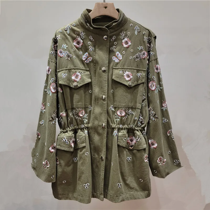 Manteau trench femme – Broderie florale – Coupe décontractée – Col montant – Cordon taille