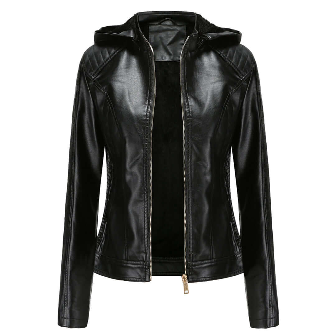 Veste femme – Similicuir – Coupe ajustée – Capuche amovible – Doublure chaude