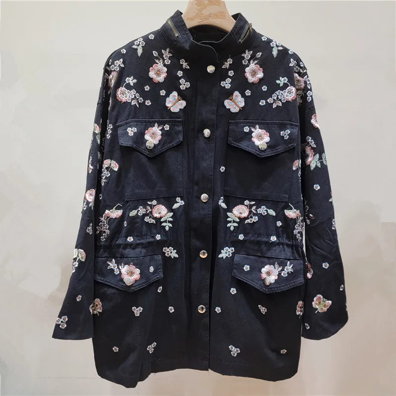 Manteau trench femme – Broderie florale – Coupe décontractée – Col montant – Cordon taille