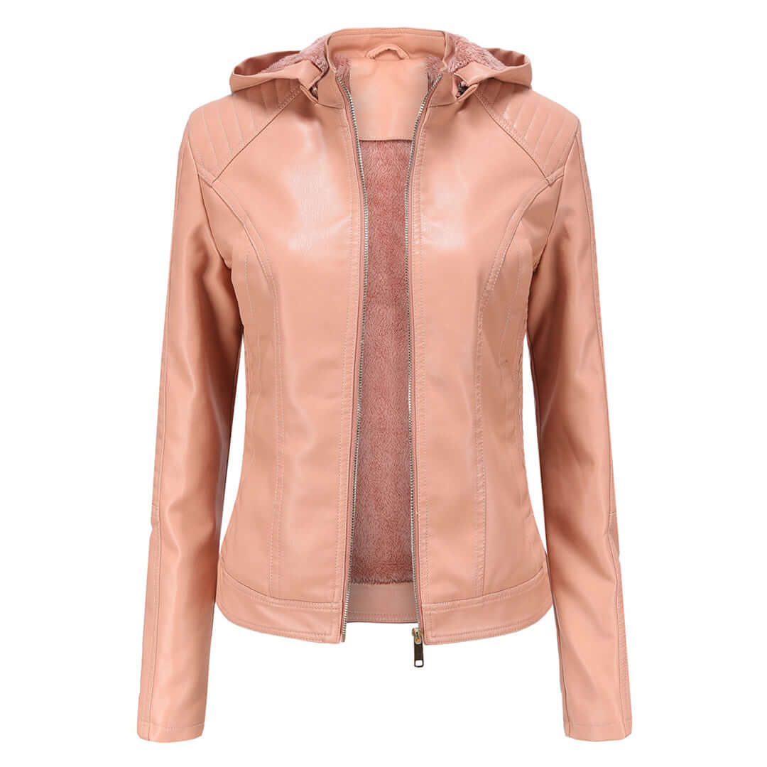 Veste femme – Similicuir – Coupe ajustée – Capuche amovible – Doublure chaude