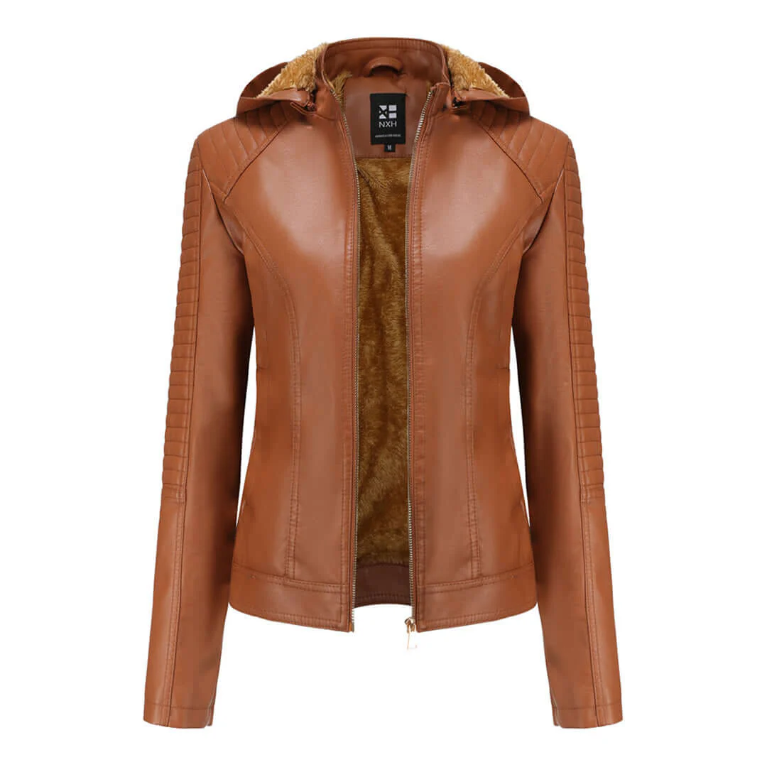 Veste femme – Similicuir – Coupe ajustée – Capuche amovible – Doublure chaude