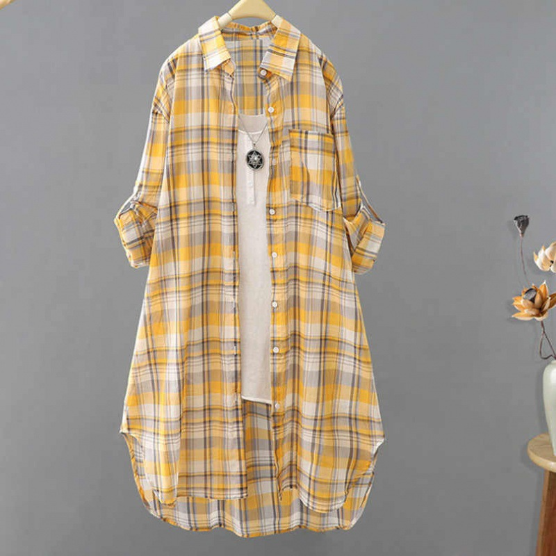 Robe midi femme – Coupe ample – Coton léger – Carreaux – Boutonnée devant