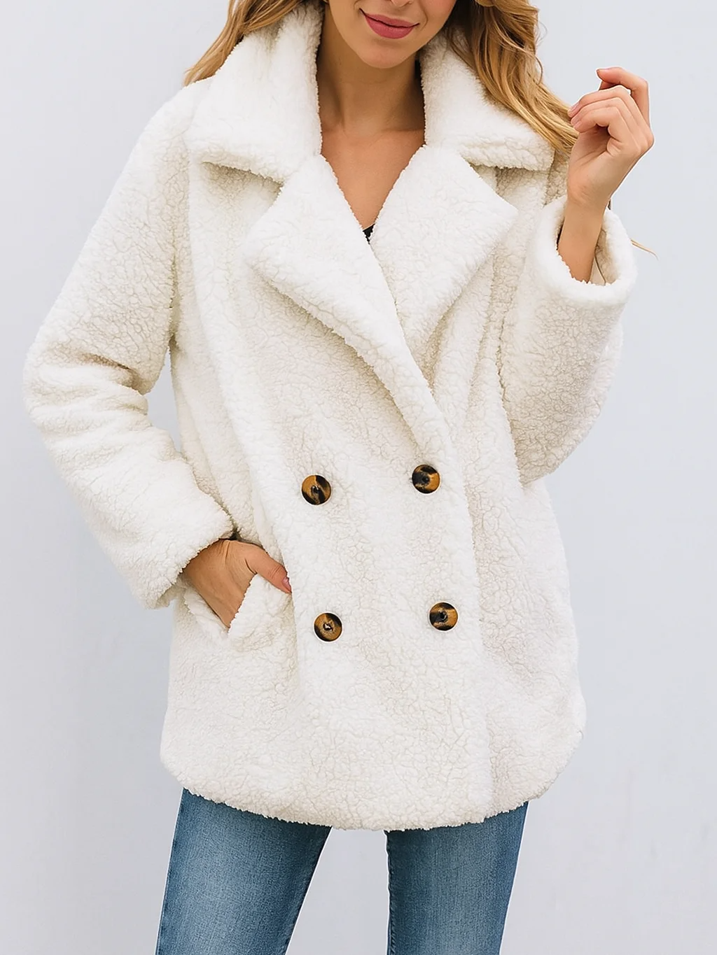 Veste polaire femme – Coupe décontractée – Effet sherpa – Double boutonnage à col tailleur