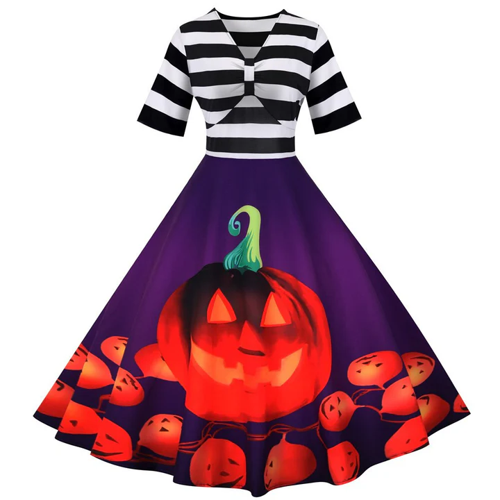 Robe midi femme – Coupe évasée fluide – Décolleté ajouré – Haut à rayures – Jupe imprimée