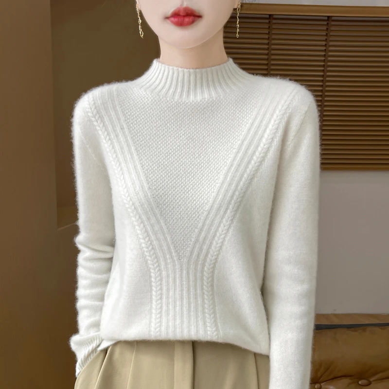 Pull femme – Laine – Coupe décontractée – Col montant – Maille côtelée