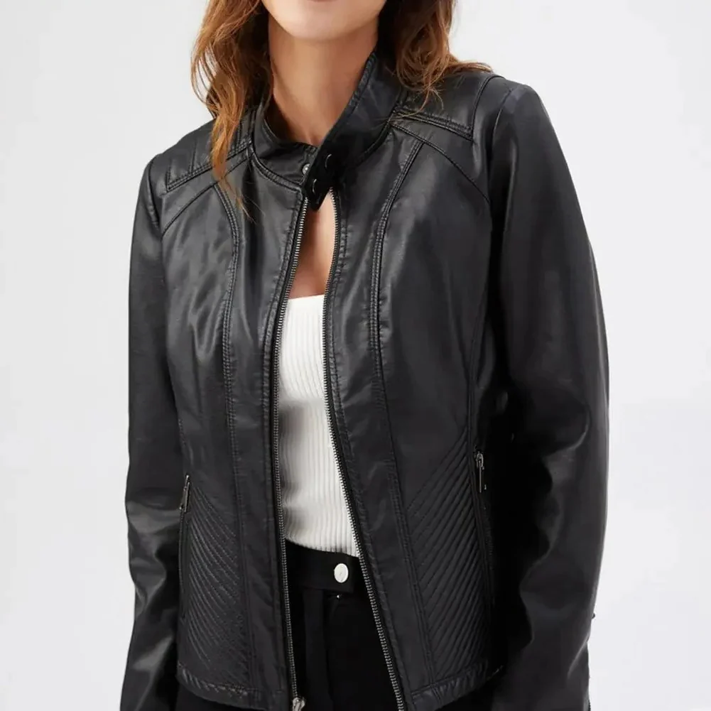 Veste femme – Coupe slim – Effet cuir – Panneaux matelassés – Fermeture zippée
