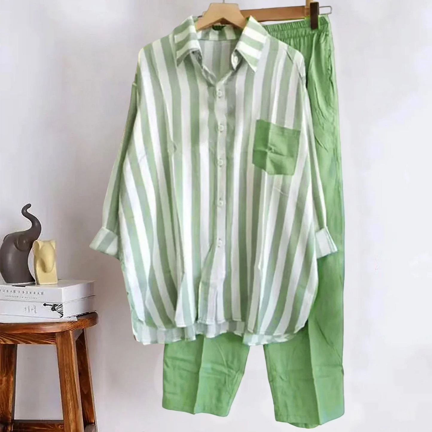 Ensemble Femme – Linnen – Chemise Oversize Boutonnée + Pantalon Large Taille Élastique