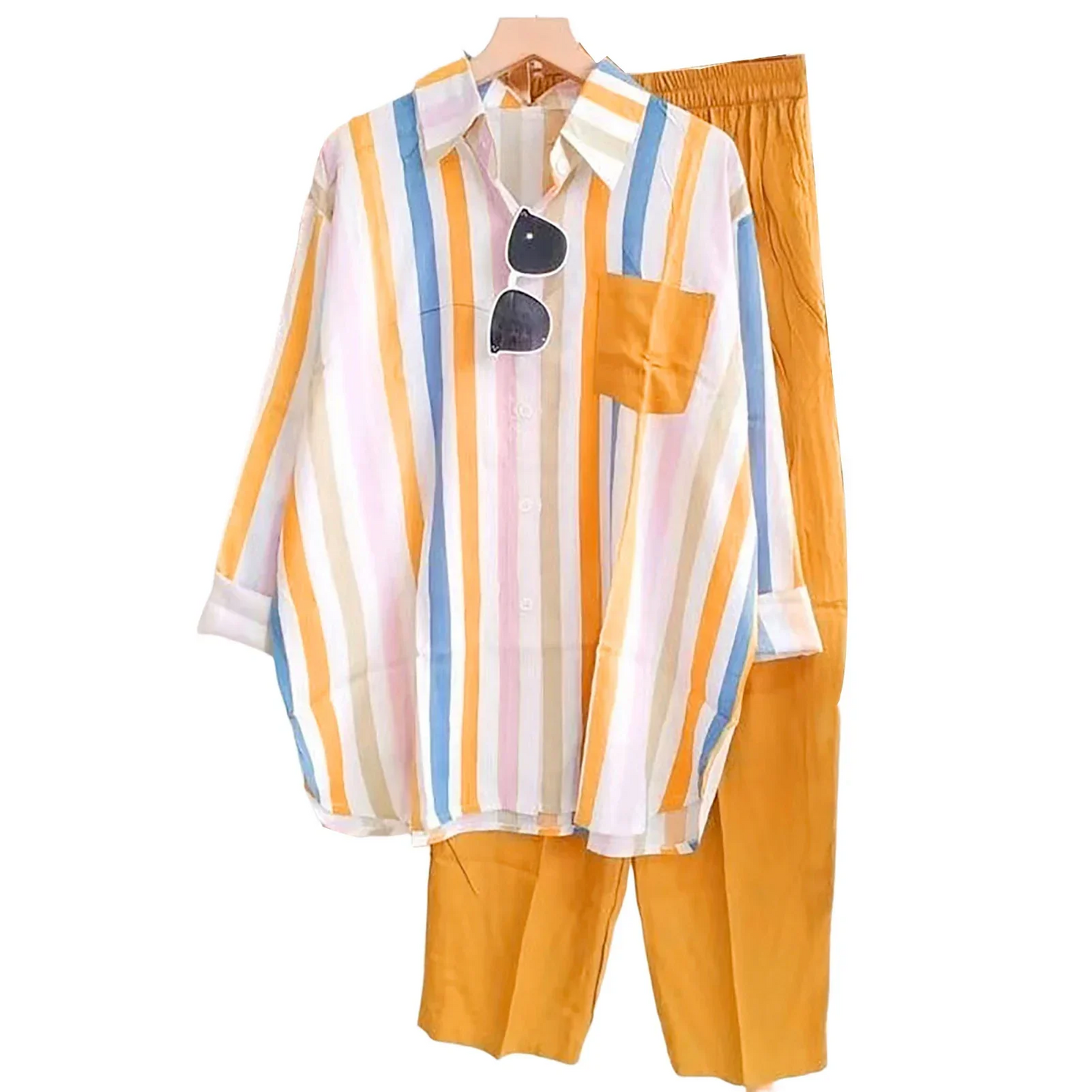 Ensemble Femme – Linnen – Chemise Oversize Boutonnée + Pantalon Large Taille Élastique