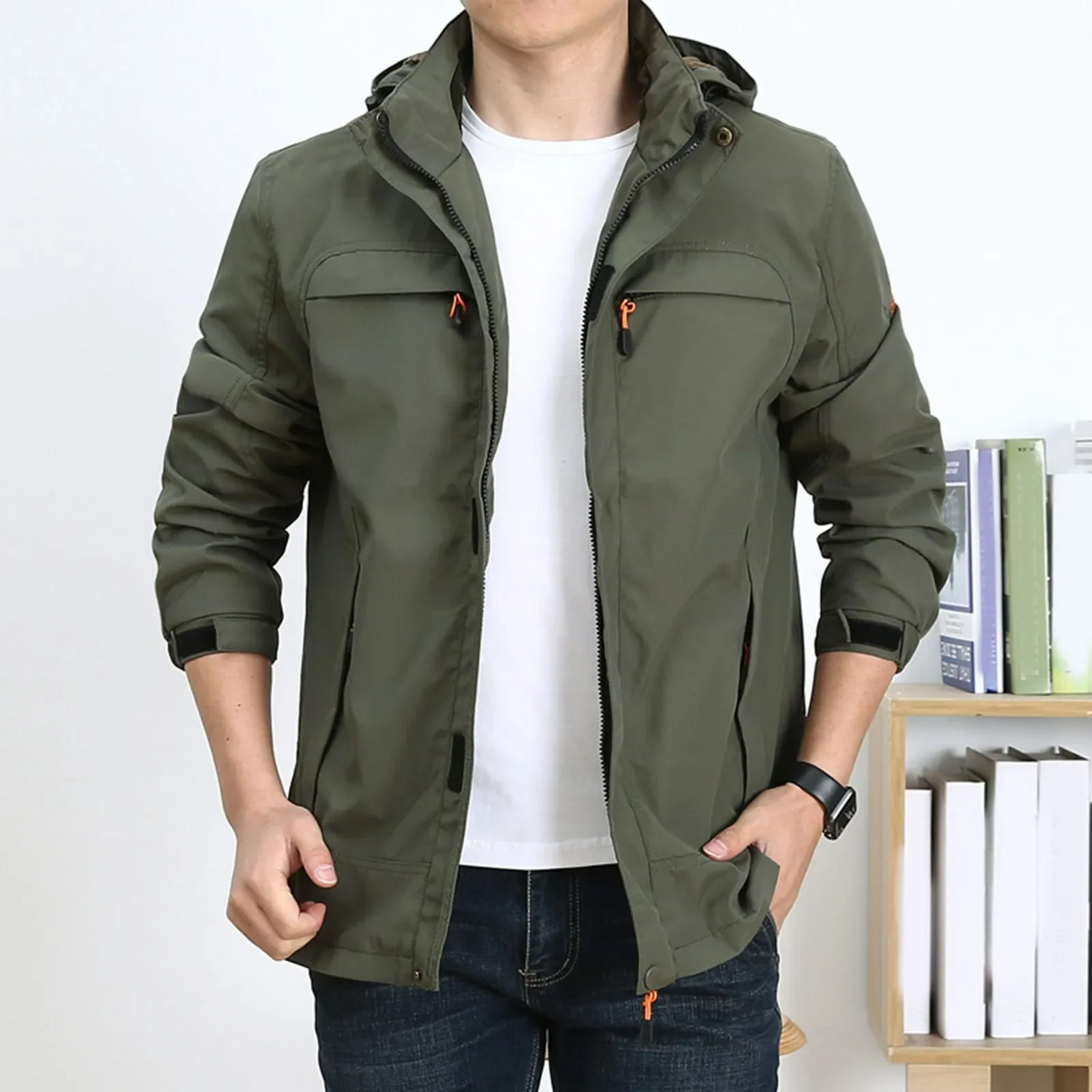 Veste homme – Coupe droite – Coton – Capuche avec cordon – Fermeture zippée – Multipoche