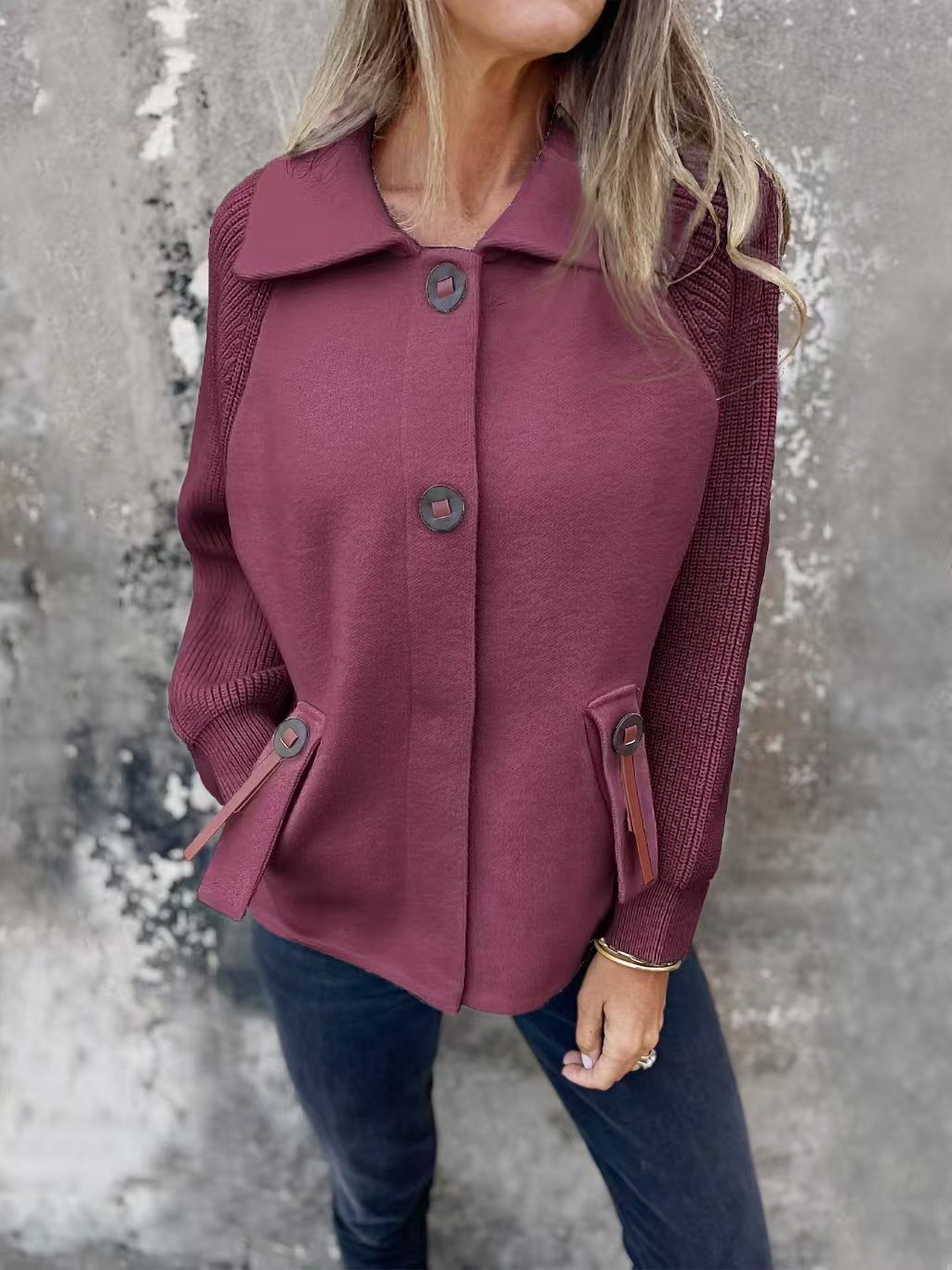 Veste femme – Coupe décontractée – Manches en maille texturée – Col à revers – Boutonnage frontal