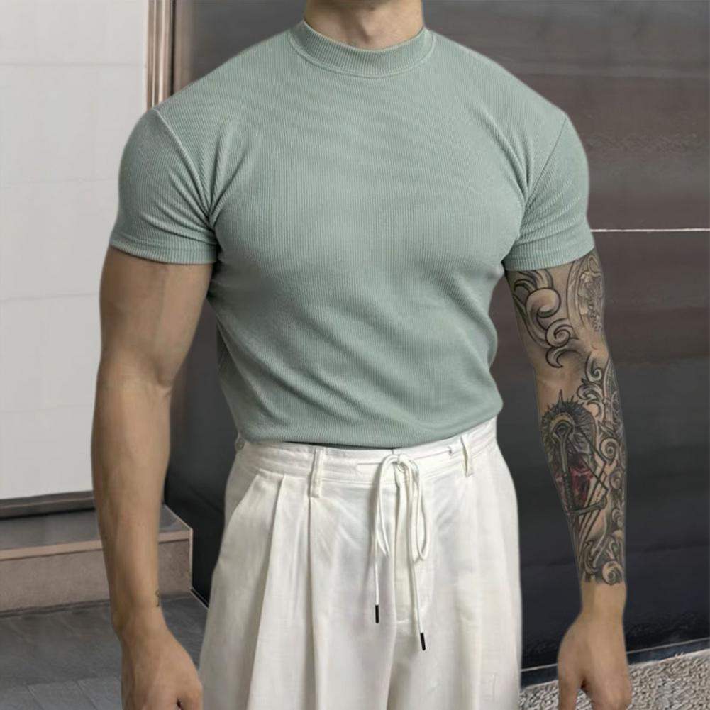 T-shirt Ajusté Homme - Maille Côtelée Respirante - Manches Courtes - Col Montant