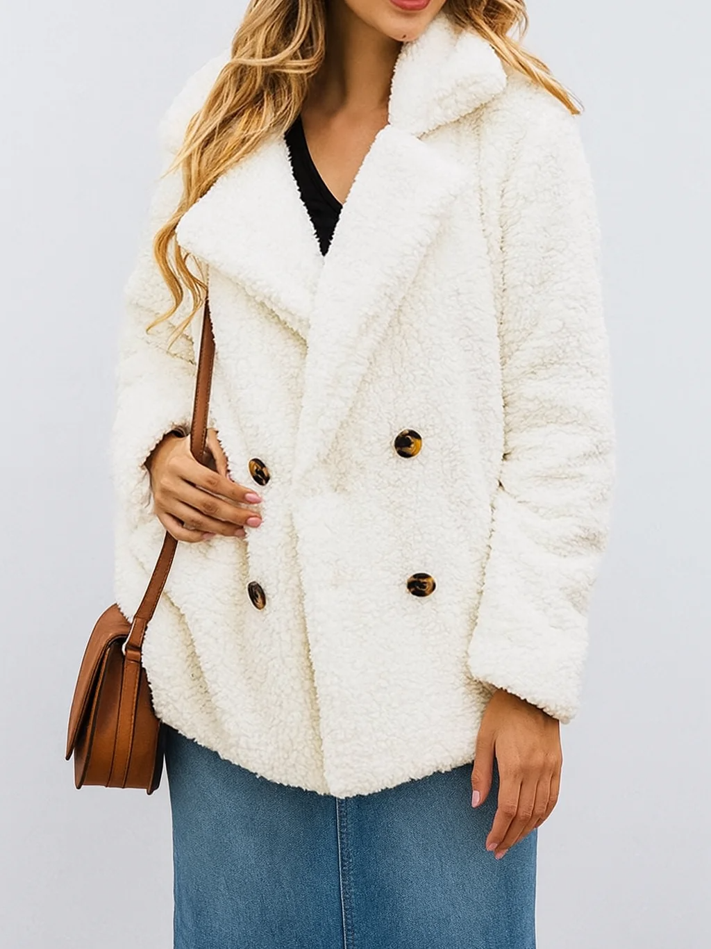 Veste polaire femme – Coupe décontractée – Effet sherpa – Double boutonnage à col tailleur