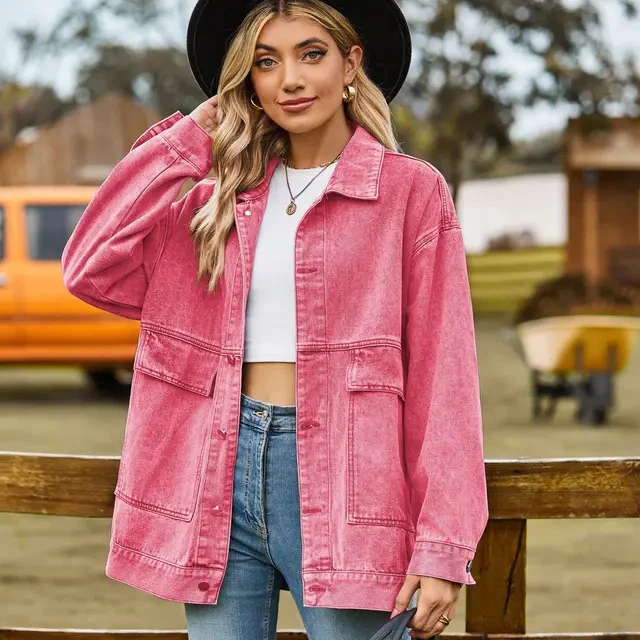 Veste en jean femme – Coupe oversize – Boutonnage devant – Poches poitrine – Longueur hanches