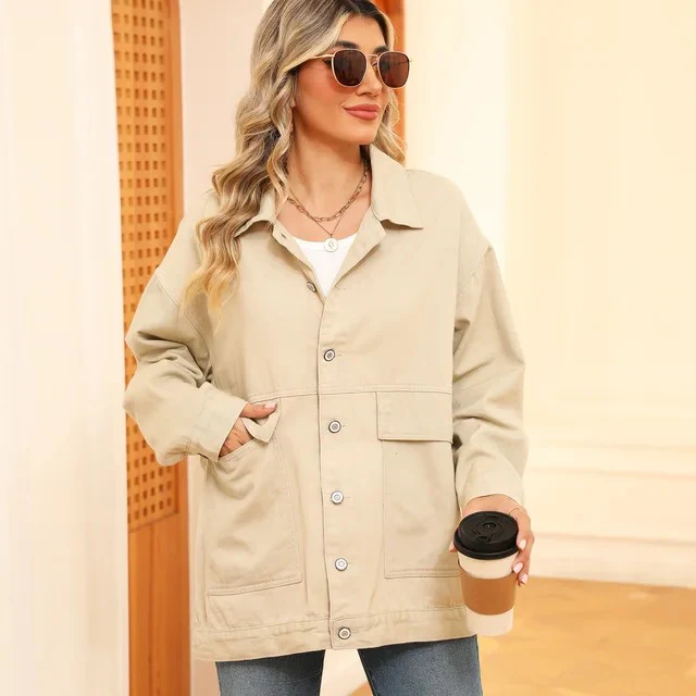 Veste en jean femme – Coupe oversize – Boutonnage devant – Poches poitrine – Longueur hanches