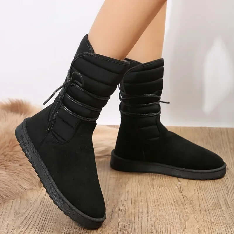 Bottes femme mi-mollet – effet suédé – doublure chaude – tige matelassée – semelle crantée