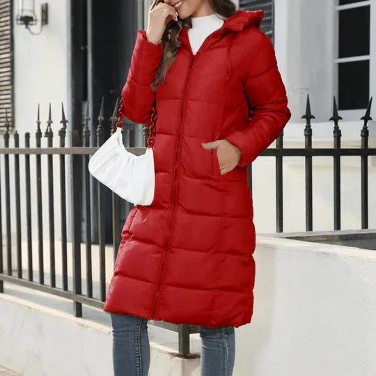 Manteau long femme – Duvet chaud – Capuche – Coupe droite – Matelassé confort