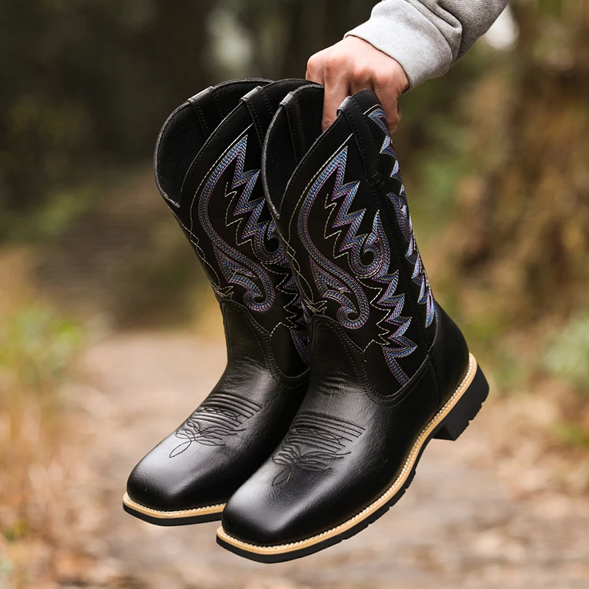 Bottes cowboy homme – cuir – bout large – tige haute brodée – style western